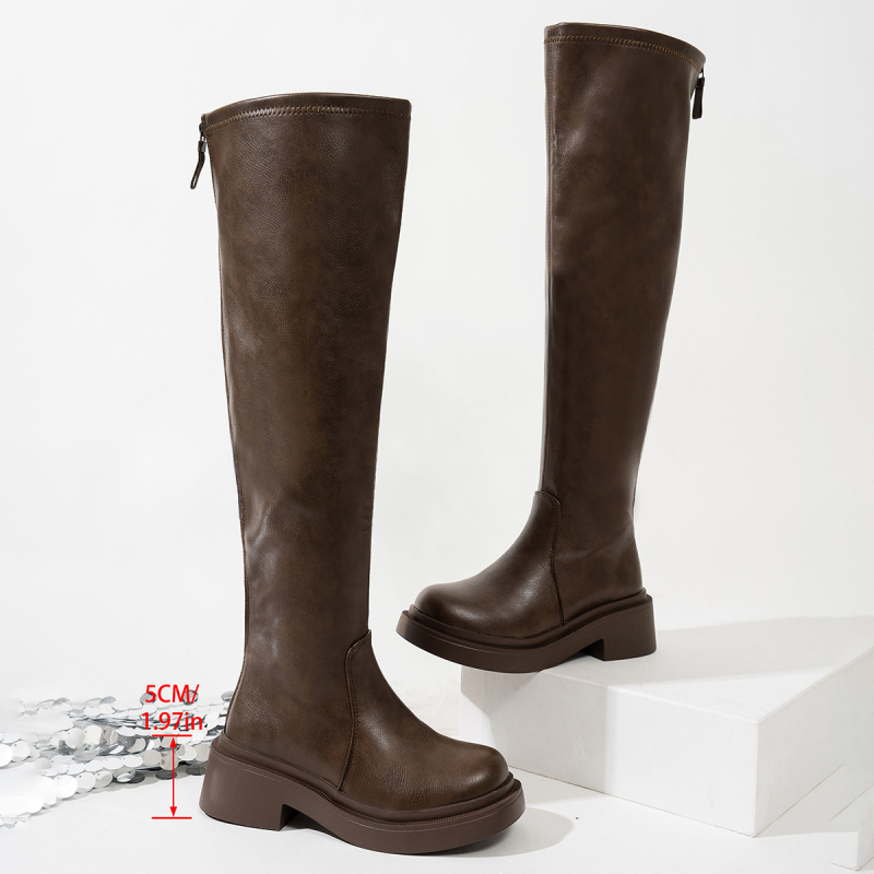 Cizme de călărie peste genunchi din PU piele, talpă din cauciuc, vârf rotund, toc gros, fermoar pe spate