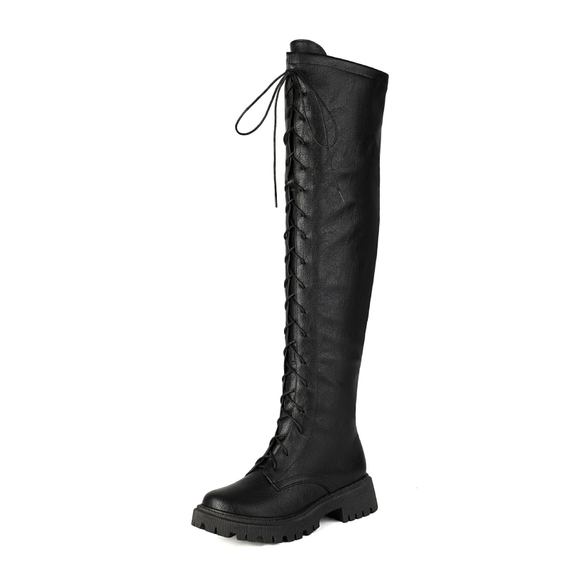 Cizme damă peste genunchi, vârf rotund, toc gros, fermoar lateral, PU partea superioară