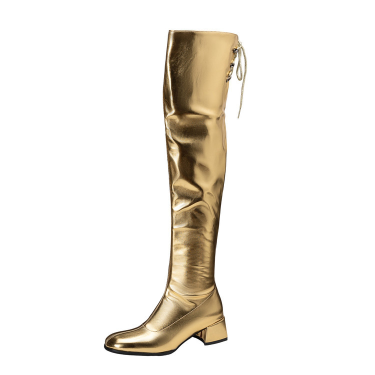 Cizme peste genunchi pentru femei - partea superioară PU, talpă din cauciuc, toc gros, șiret pe spate