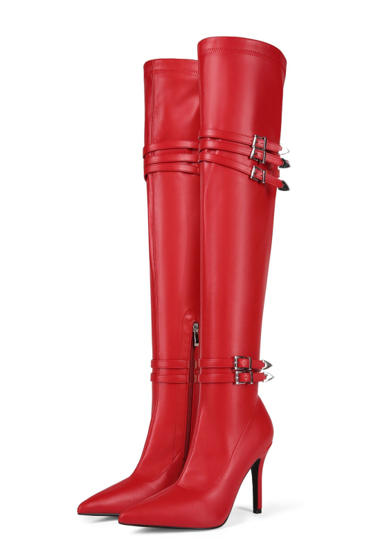 Moteriški per kelį bateliai su smailiu nosimi, viršutinė dalis iš dirbtinės odos, šoninis užtrauktukas, plonas kulnas 6–8 cm