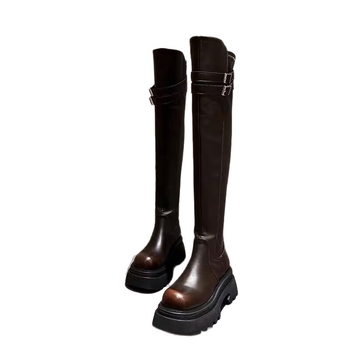 Moterų kelių bateliai virš kelio, dirbtinė oda, aukštas stiebas, apvali nosis, storas kulnas, užsegimas užpakalyje, vidutinio aukščio kulnas 3–5 cm