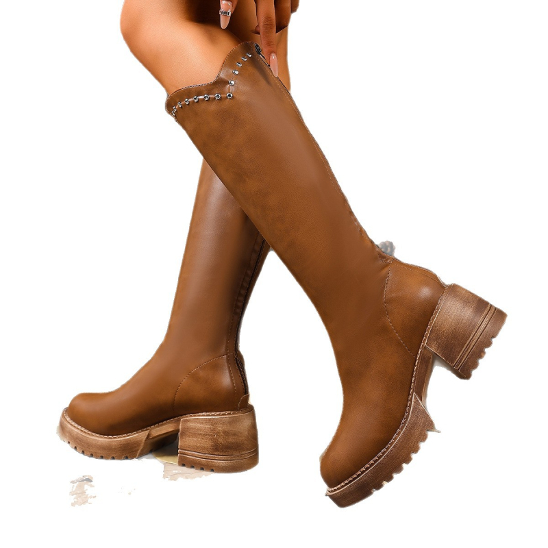 Slimming botai su aukštu vamzdeliu, apvali nosis, storos kulnas, PU viršus, kulno aukštis 3-5 cm