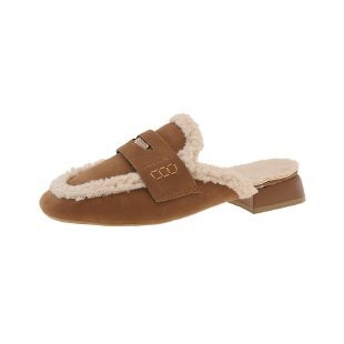 Papuci mule femei, velur catifelat, blană pufoasă, Slip-On, vârf rotund, talpă din cauciuc, toamnă-iarnă