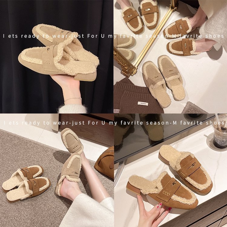 Papuci mule femei, velur catifelat, blană pufoasă, Slip-On, vârf rotund, talpă din cauciuc, toamnă-iarnă