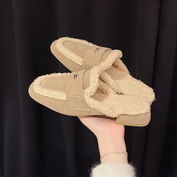 Papuci mule femei, velur catifelat, blană pufoasă, Slip-On, vârf rotund, talpă din cauciuc, toamnă-iarnă