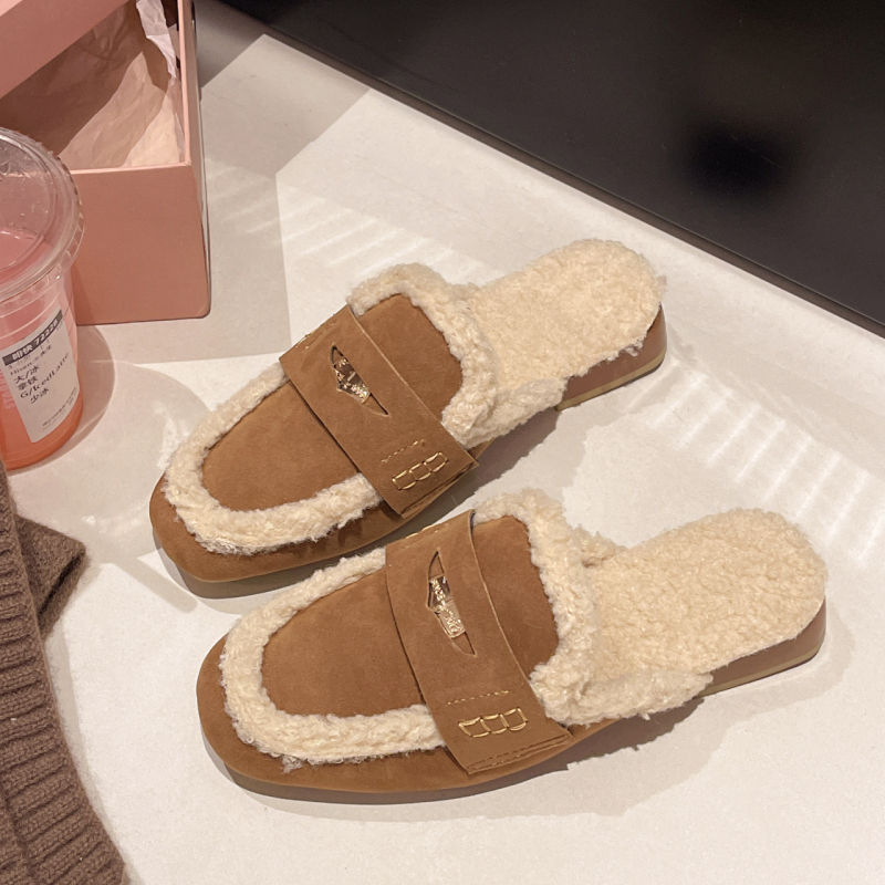 Papuci mule femei, velur catifelat, blană pufoasă, Slip-On, vârf rotund, talpă din cauciuc, toamnă-iarnă