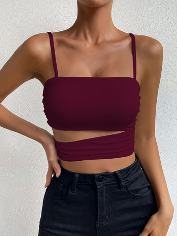 Γυναικείο crop top χωρίς μανίκια με ανοιχτό ώμο - διάτρητο πίσω σχέδιο, άνετη γραμμή, κοντό μήκος, μίξη πολυεστέρα-ελαστάν