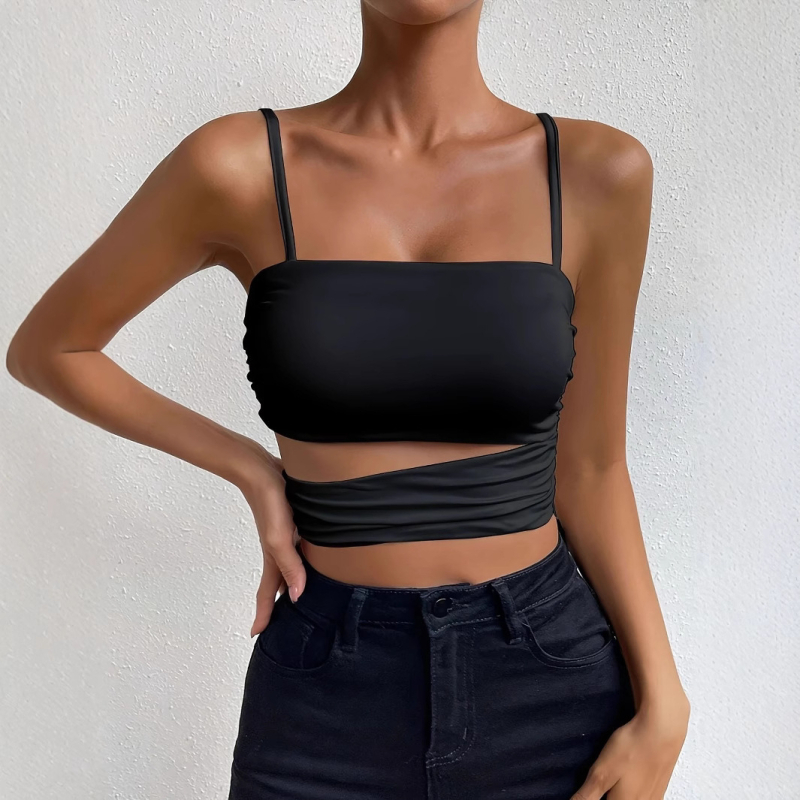 Sieviešu bez piedurknēm crop top ar atvērtu muguru - elpojošs atvērtā mugura dizains, brīvs piegriezums, īss garums, poliester-spandensa maisījums