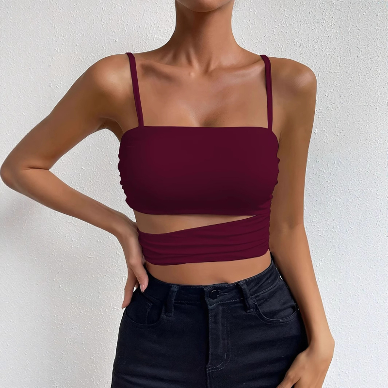 Sieviešu bez piedurknēm crop top ar atvērtu muguru - elpojošs atvērtā mugura dizains, brīvs piegriezums, īss garums, poliester-spandensa maisījums