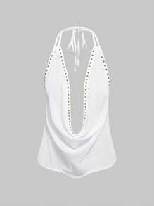 Halter kleita bez muguras, dziļš V-dekolēts, šaurs siluets, metāla detaļas, poliestera audums