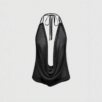 Φόρεμα halter χωρίς πλάτη, βαθύ V, στενή γραμμή, μεταλλικά στοιχεία, πολυεστερικό ύφασμα