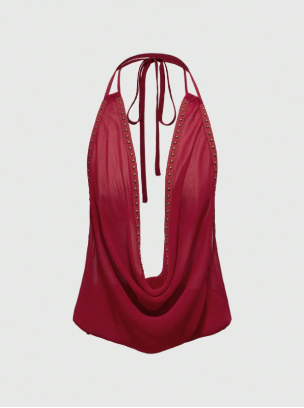 Halter kleita bez muguras, dziļš V-dekolēts, šaurs siluets, metāla detaļas, poliestera audums