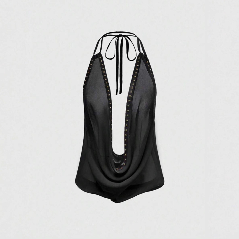 Halter kleita bez muguras, dziļš V-dekolēts, šaurs siluets, metāla detaļas, poliestera audums