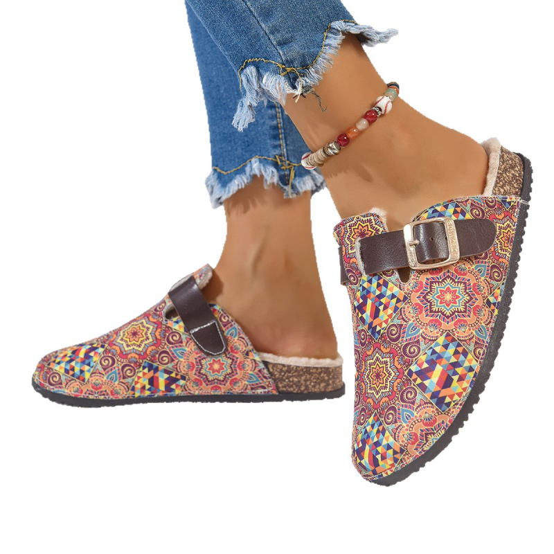Toe Loop sandalai, etninio bohemiško rašto, PU viršus, gumos padas, Slip-On užsegimas