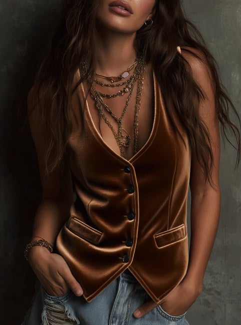 Velúr mellény V-nyakú, karcsúsított, rövid fazon, 40–50 cm hosszú, egyszínű, poliészter-elasztán keverék (80–90%)