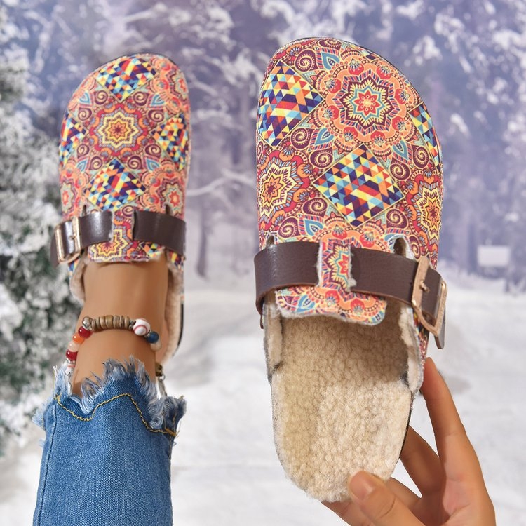 Női etnikus mintás nyitott hátú mule papucs, szuéd felsőrész, gumírozott talp, kerek orr