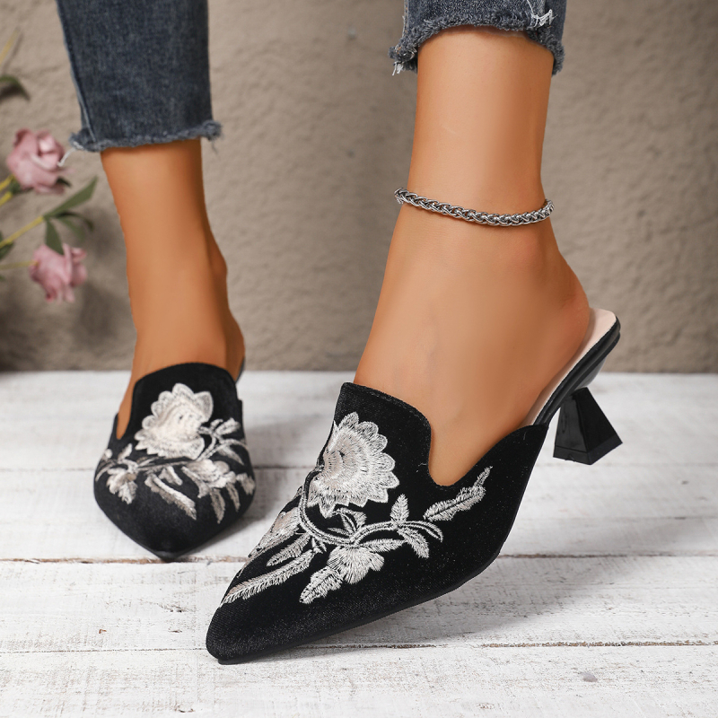 Ženske mule s vezenim uzorkom, špicast vrh, tanak pet, velur gornji dio, PU unutrašnjost