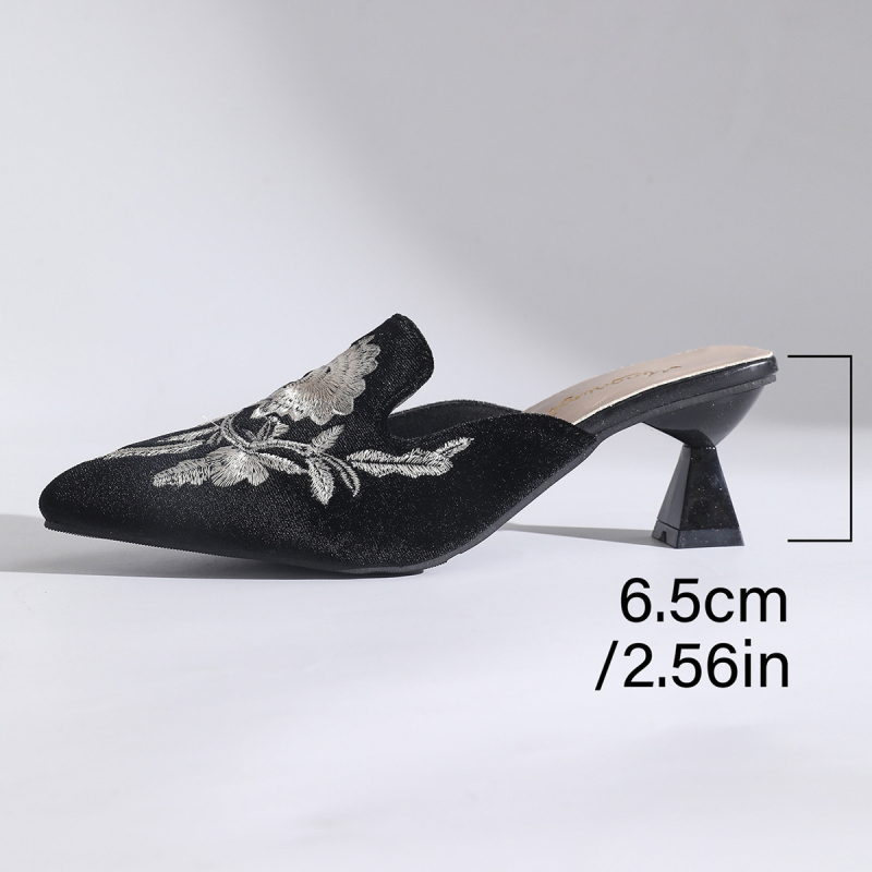 Ženske mule s vezenim uzorkom, špicast vrh, tanak pet, velur gornji dio, PU unutrašnjost