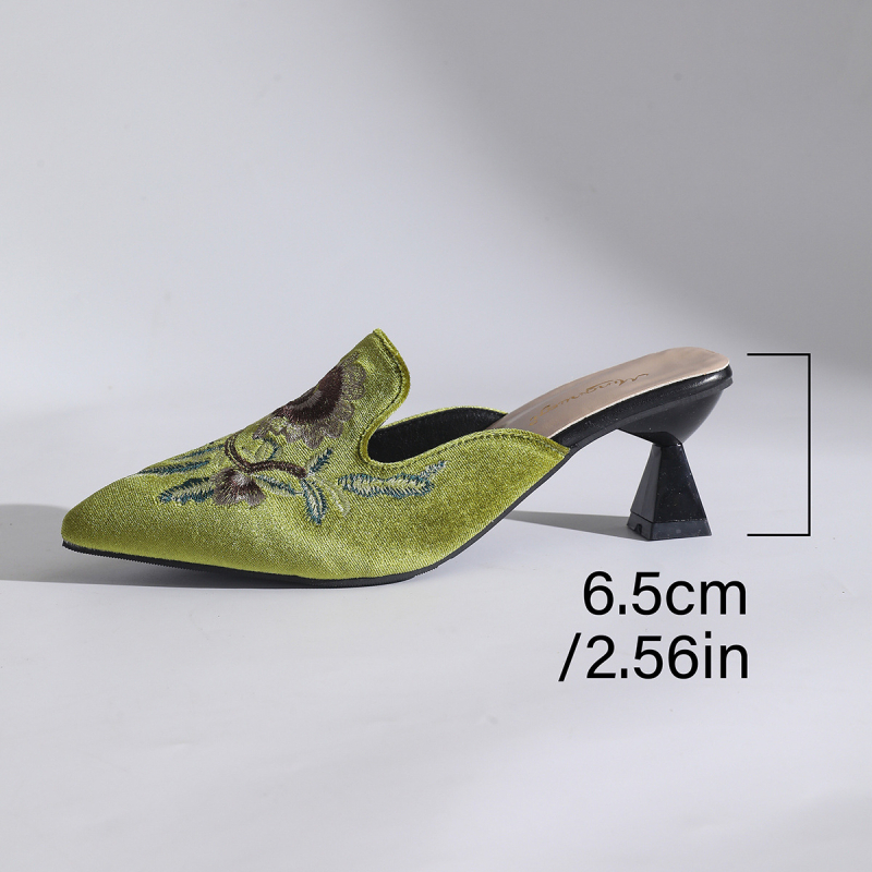 Ženske mule s vezenim uzorkom, špicast vrh, tanak pet, velur gornji dio, PU unutrašnjost