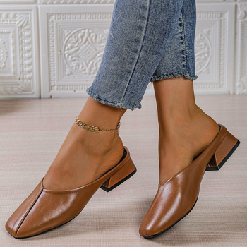 Γυναικείες mule πέδιλα με τετράγωνη μύτη, χοντρό μεσαίο τακούνι, PU άνω μέρος, καουτσούκ σόλα, ανοιχτή πίσω