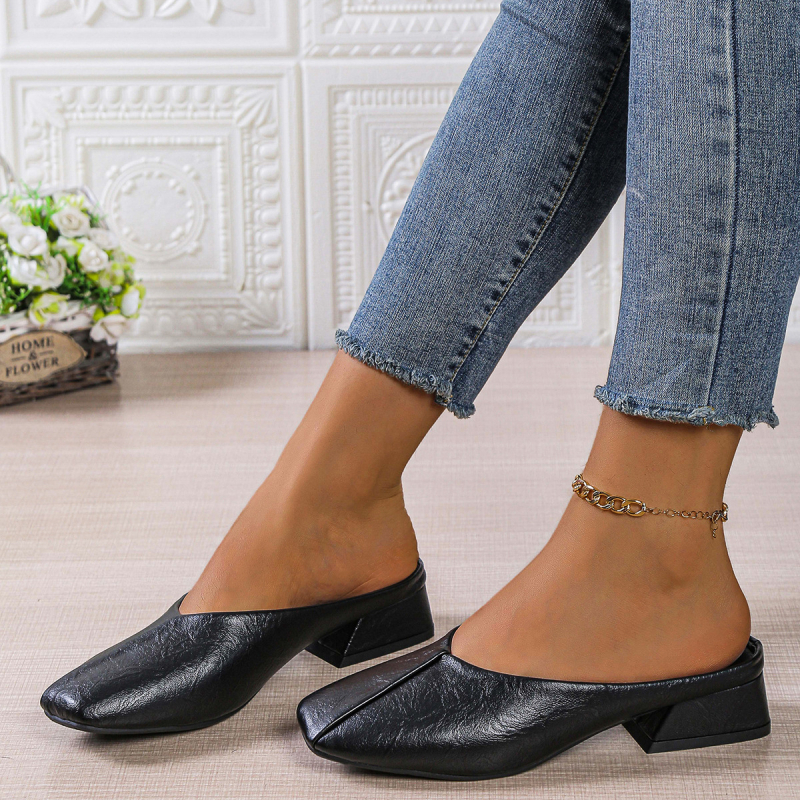 Ženske mule s kvadratnim vrhom, masivnim srednjim petom, PU gornji dio, gumena potplat, otvoreni stražnji dio, slip-on