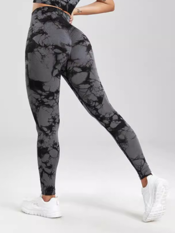 Безшевни дамски йога клин за бързоизсъхване, принт тай-дай, дължина 9/10, висока еластичност, тясна кройка, полиестер-еластанова смес