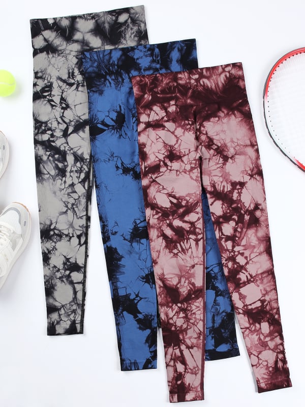 Безшевни дамски йога клин за бързоизсъхване, принт тай-дай, дължина 9/10, висока еластичност, тясна кройка, полиестер-еластанова смес