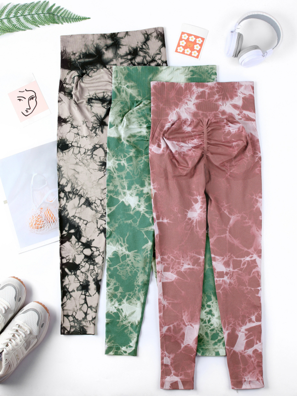 Безшевни дамски йога клин за бързоизсъхване, принт тай-дай, дължина 9/10, висока еластичност, тясна кройка, полиестер-еластанова смес