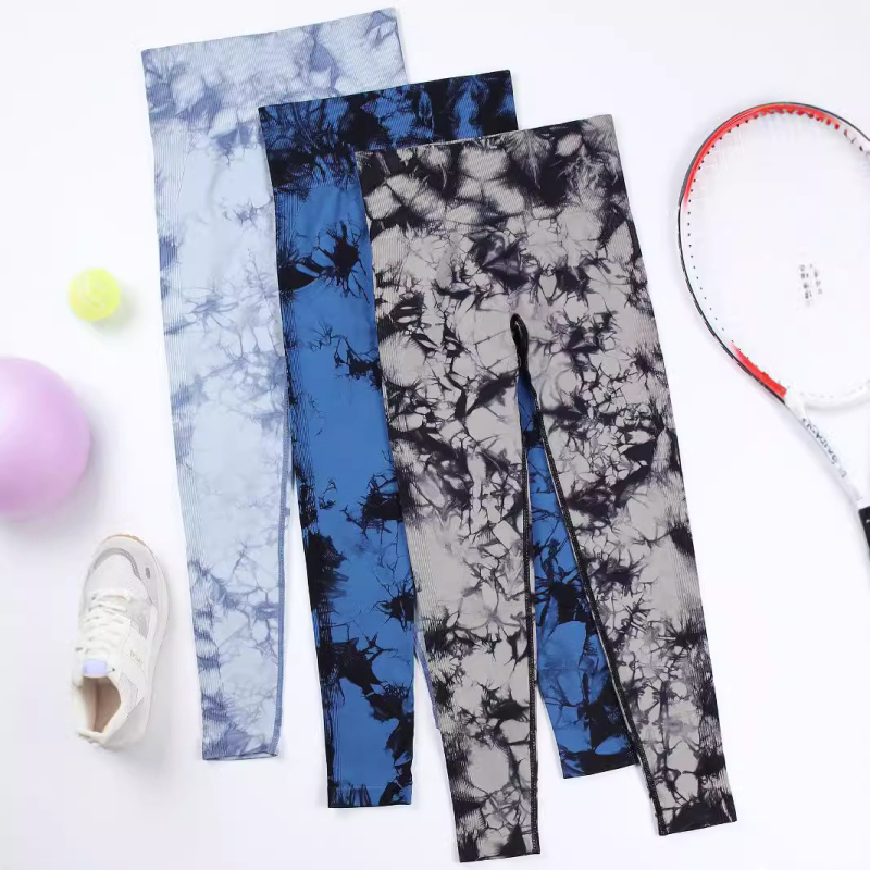 Безшевни дамски йога клин за бързоизсъхване, принт тай-дай, дължина 9/10, висока еластичност, тясна кройка, полиестер-еластанова смес