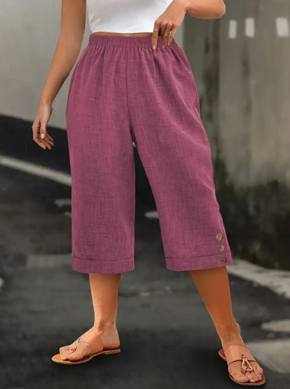 Sieviešu ikdienas bikses, augsta viduklis, kapri garums, taisns griezums, plāns poliesters