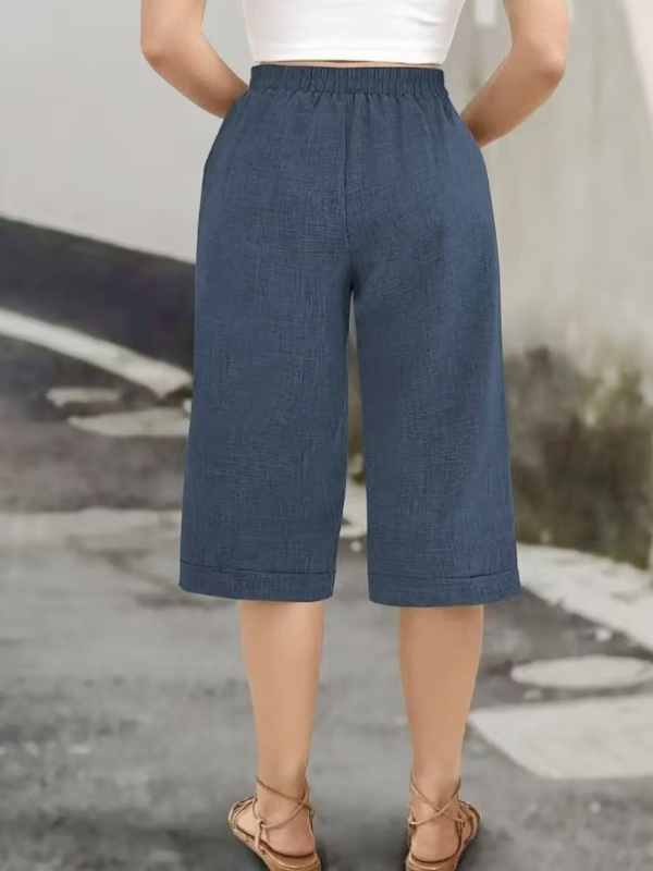 Sieviešu ikdienas bikses, augsta viduklis, kapri garums, taisns griezums, plāns poliesters