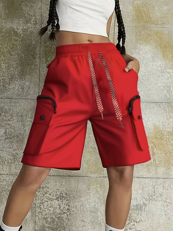 Женски свободни карго шорти от полиестер, с множество джобове, средна талия, средна дебелина, без гладене, лято 2025, стил работно облекло / уличен хипстър