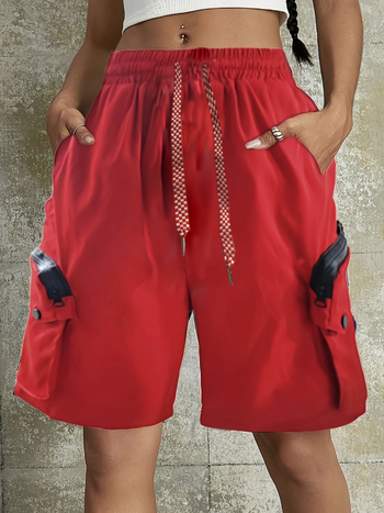 Женски свободни карго шорти от полиестер, с множество джобове, средна талия, средна дебелина, без гладене, лято 2025, стил работно облекло / уличен хипстър