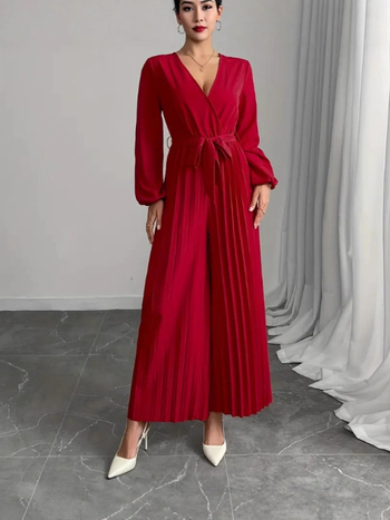 Σετ jumpsuit: μποέμ στυλ με ζώνη στη μέση, V-λαιμό, φουσκωτα μανίκια, μακριά μανίκια, πολυεστέρας 95%+