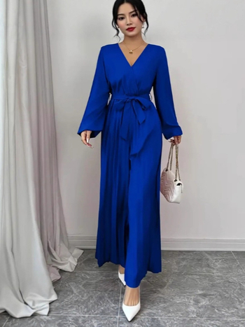 Σετ jumpsuit: μποέμ στυλ με ζώνη στη μέση, V-λαιμό, φουσκωτα μανίκια, μακριά μανίκια, πολυεστέρας 95%+