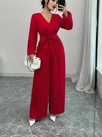 Σετ jumpsuit: μποέμ στυλ με ζώνη στη μέση, V-λαιμό, φουσκωτα μανίκια, μακριά μανίκια, πολυεστέρας 95%+