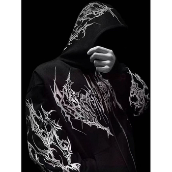 Kapucės džemperis su atviru priekiu – Amerikietiško retro stiliaus, poliesteris su fleece įdaila, spaudas, kengūros kišenė