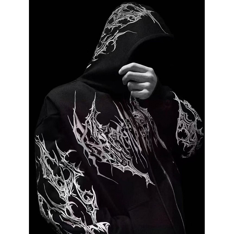 Kapucės džemperis su atviru priekiu – Amerikietiško retro stiliaus, poliesteris su fleece įdaila, spaudas, kengūros kišenė