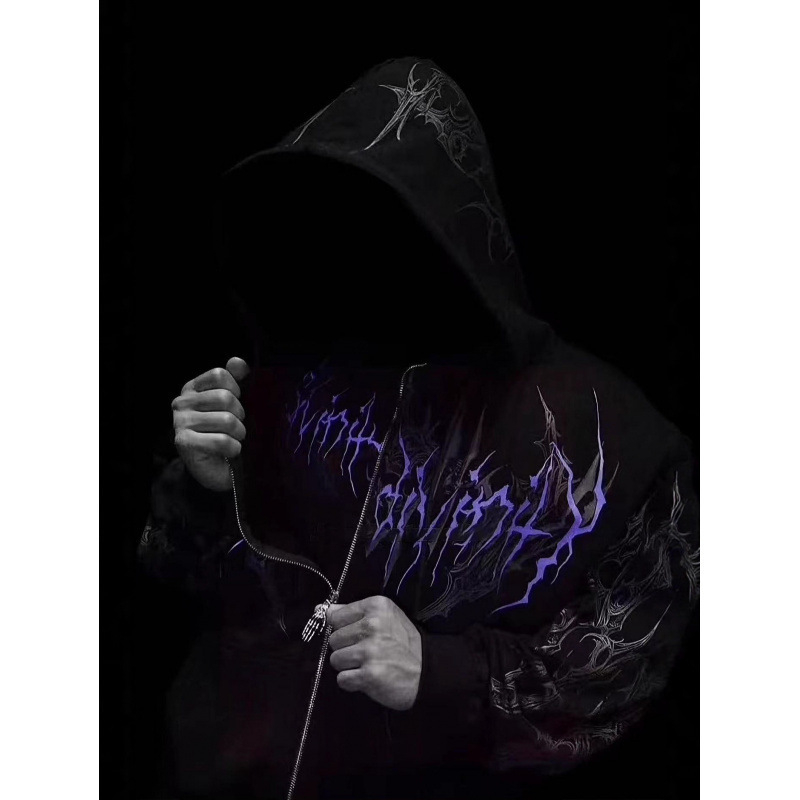 Kapucės džemperis su atviru priekiu – Amerikietiško retro stiliaus, poliesteris su fleece įdaila, spaudas, kengūros kišenė