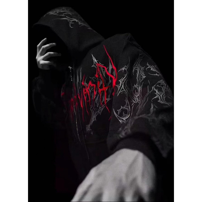 Kapucės džemperis su atviru priekiu – Amerikietiško retro stiliaus, poliesteris su fleece įdaila, spaudas, kengūros kišenė