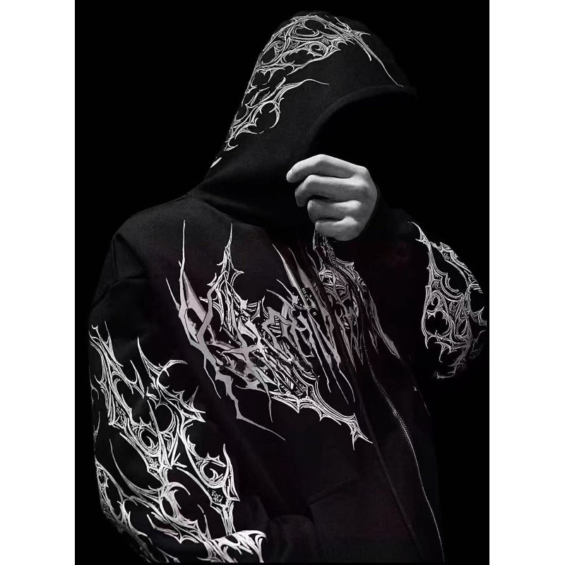 Kapucės džemperis su atviru priekiu – Amerikietiško retro stiliaus, poliesteris su fleece įdaila, spaudas, kengūros kišenė