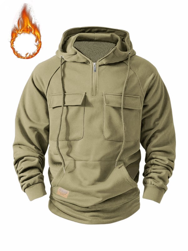 Vyrinė kapučinė striukė su fleece, vintage stilius, užtrauktukas, kelios kišenės su odiniais akcentais