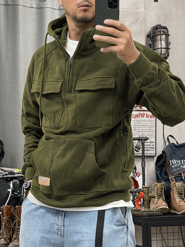 Vyrinė kapučinė striukė su fleece, vintage stilius, užtrauktukas, kelios kišenės su odiniais akcentais