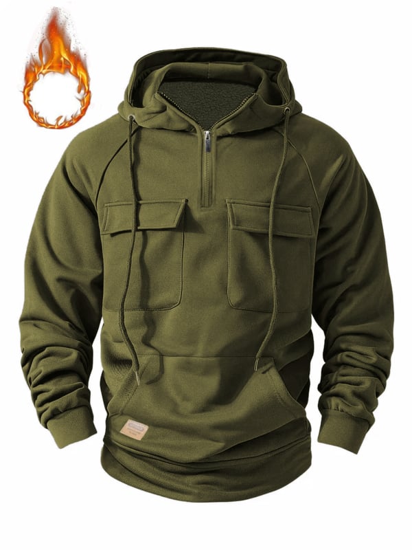 Vyrinė kapučinė striukė su fleece, vintage stilius, užtrauktukas, kelios kišenės su odiniais akcentais