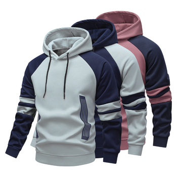 Vyriskas megztinis su gobtuvu, spalvų blokai ir dryžiai, užtrauktukas, laisvas kirpimas, ilgomis rankovėmis