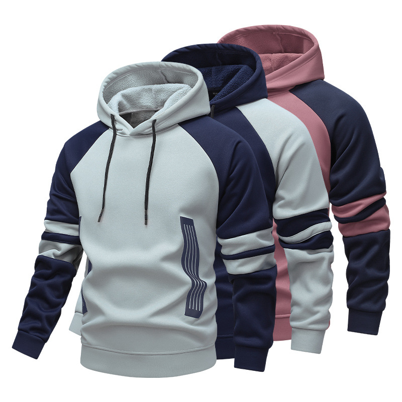 Vyriskas megztinis su gobtuvu, spalvų blokai ir dryžiai, užtrauktukas, laisvas kirpimas, ilgomis rankovėmis