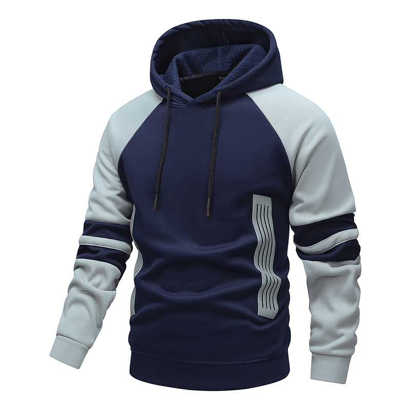 Vyriskas megztinis su gobtuvu, spalvų blokai ir dryžiai, užtrauktukas, laisvas kirpimas, ilgomis rankovėmis