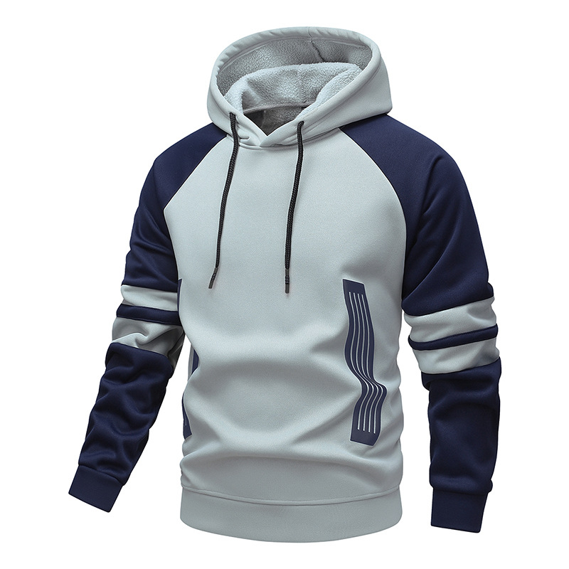 Vyriskas megztinis su gobtuvu, spalvų blokai ir dryžiai, užtrauktukas, laisvas kirpimas, ilgomis rankovėmis