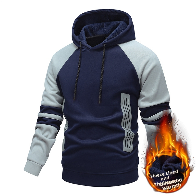 Vyriskas megztinis su gobtuvu, spalvų blokai ir dryžiai, užtrauktukas, laisvas kirpimas, ilgomis rankovėmis