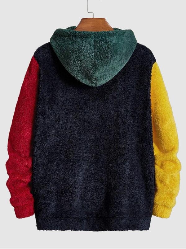 Hanorac bărbați cu glugă din corduroy, Colorblock patch pocket și șnur, Rabbit Hair 96%+